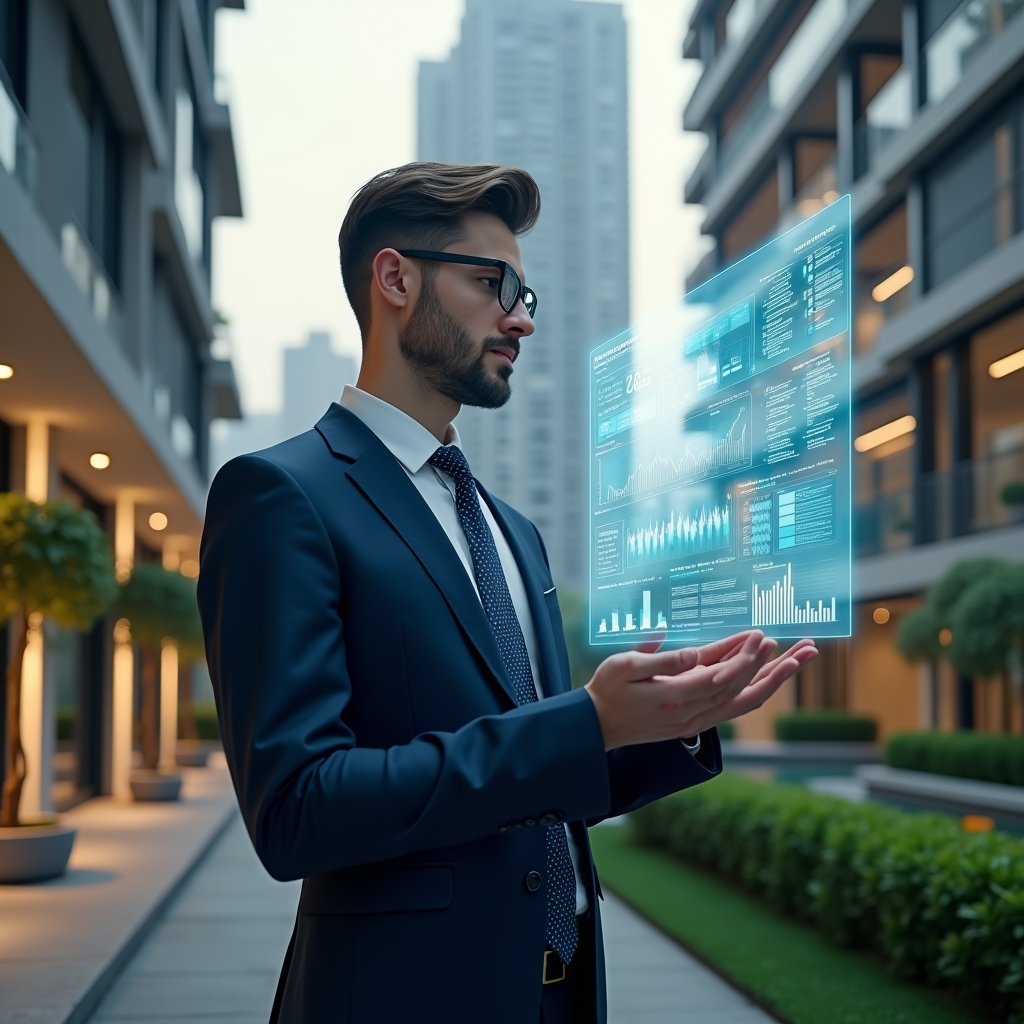(Ultra-realistic condominium manager in a tailored navy suit, set in a modern luxury condominium environment with high-rise buildings and manicured green landscaping, confidently analyzing a floating holographic dashboard of financial charts and resident communications, symbolizing digital management and efficiency, cinematic lighting, shallow depth of field, highly detailed textures, realistic skin, photographic realism, 8k resolution --ar 1:1 --v 6)