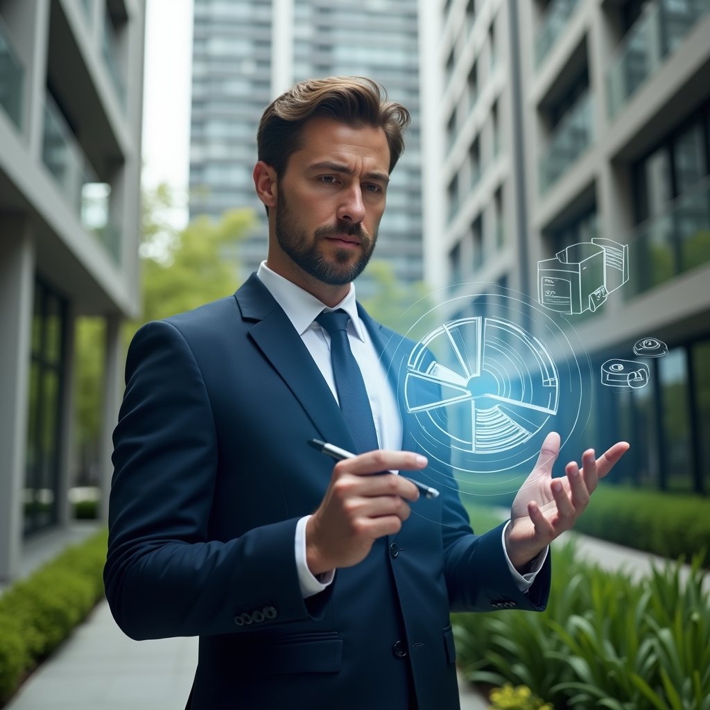 Ultra-realistic condominium manager in a tailored navy suit, set in a modern luxury condominium environment with high-rise buildings and manicured green spaces, examining a floating holographic pie chart representing expense fractions with a stylus in hand, transparent icons of coins and documents orbiting around, confident and focused expression, cinematic lighting, shallow depth of field, highly detailed textures, realistic skin, photographic realism, 8k resolution --ar 1:1 --v 6