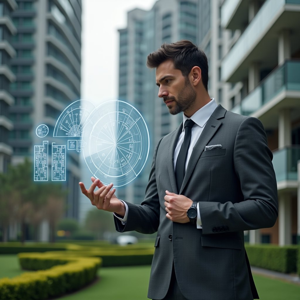 (Ultra-realistic condo manager in a charcoal gray tailored suit, set in a modern luxury condominium environment with high-rise buildings and manicured green landscaping, analyzing a floating holographic pie chart that displays fractional ownership percentages, holographic apartment floor plans glowing beside them, thoughtful and confident expression, cinematic lighting, shallow depth of field, highly detailed textures, realistic skin, photographic realism, 8k resolution --ar 1:1 --v 6)