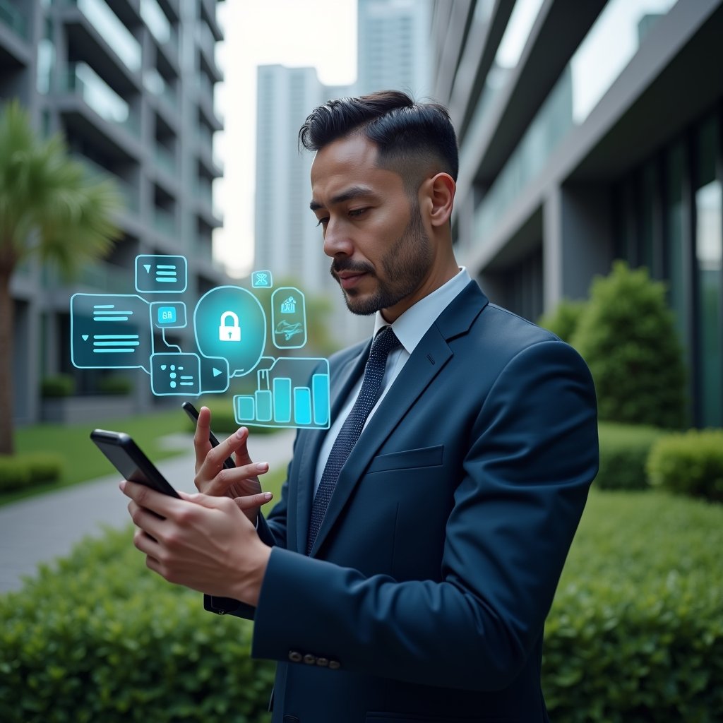 (Ultra-realistic condominium manager in a dark blue suit, set in a modern luxury condominium environment with high-rise buildings and manicured green landscaping, holding a smartphone and interacting with holographic icons of an app interface showing security padlock, chat bubbles, and task checklists, confident and focused expression, cinematic lighting, shallow depth of field, highly detailed textures, realistic skin, photographic realism, 8k resolution --ar 1:1 --v 6)