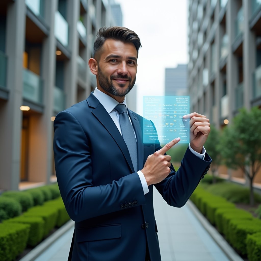 Ultra-realistic condominium manager in a navy blue tailored suit, set in a modern luxury condominium environment with high-rise buildings and manicured green landscaping, standing in a medium close-up pose while confidently pointing at a floating holographic activity schedule timeline, a translucent calendar overlay symbolizing efficient planning and trust, cinematic lighting, shallow depth of field, highly detailed textures, realistic skin, photographic realism, 8k resolution --ar 1:1 --v 6