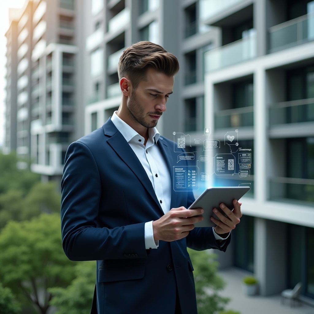 Ultra-realistic condominium manager in a navy executive suit, set in a modern luxury condominium environment with high-rise buildings and lush green landscaping, holding a tablet displaying a holographic digital interface of community communications, reservations, and billing, confidently reviewing data, futuristic hologram icons of chat bubbles and calendar overlays floating beside, cinematic lighting, shallow depth of field, highly detailed textures, realistic skin, photographic realism, 8k resolution --ar 1:1 --v 6