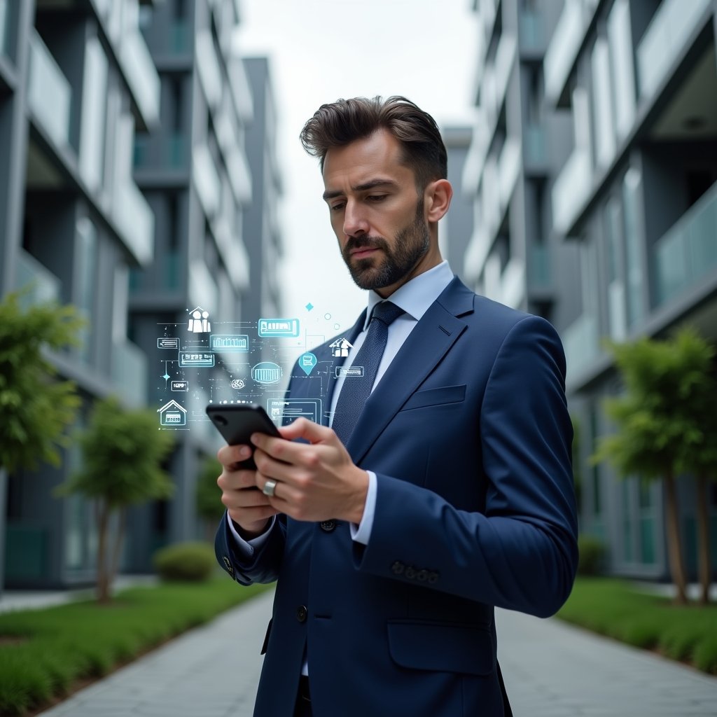 Ultra-realistic property manager in a navy blue executive suit, set in a modern luxury condominium environment with high-rise buildings and manicured green landscaping, holding a smartphone displaying a floating holographic condominium management app interface and tapping on it, holographic icons for messaging, financial charts, and notifications hovering around, confident and focused expression, cinematic lighting, shallow depth of field, highly detailed textures, realistic skin, photographic realism, 8k resolution --ar 1:1 --v 6