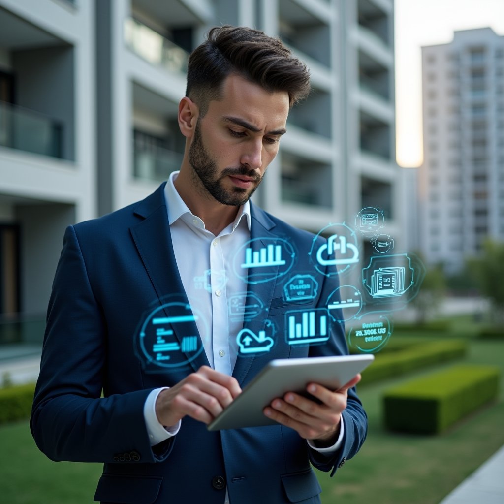 Ultra-realistic condominium manager in a navy-blue suit, set in a modern luxury condominium environment with high-rise buildings and manicured green landscaping, examining a digital tablet with floating holographic financial charts, graphs and invoice icons around, expression focused and confident, cinematic lighting, shallow depth of field, highly detailed textures, realistic skin, photographic realism, 8k resolution --ar 1:1 --v 6