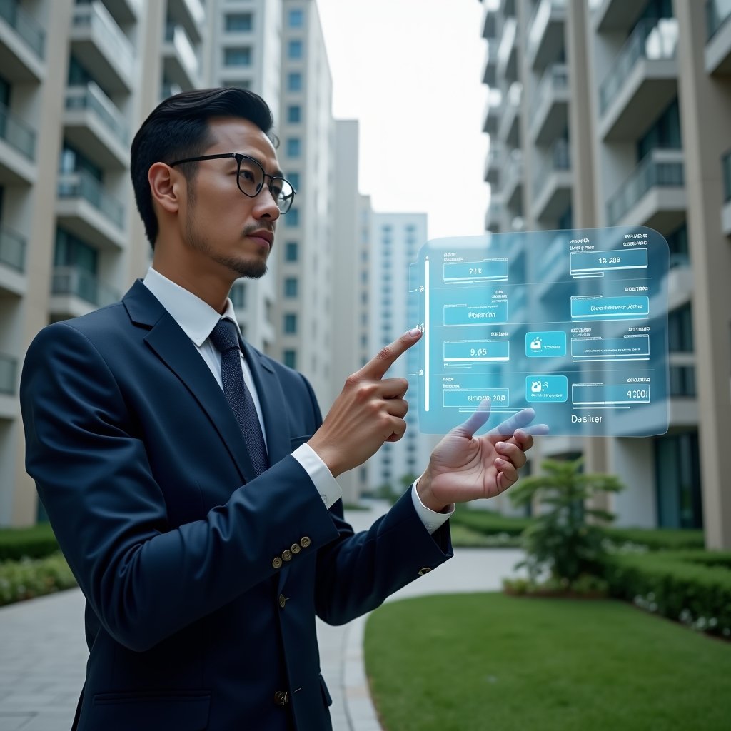 Ultra-realistic condominium manager in a tailored navy suit, set in a modern luxury condominium environment with high-rise buildings and manicured green landscaping, medium shot of the manager pointing at a floating holographic schedule with checkmarks and timelines, confident and focused expression, cinematic lighting, shallow depth of field, highly detailed textures, realistic skin, photographic realism, 8k resolution --ar 1:1 --v 6