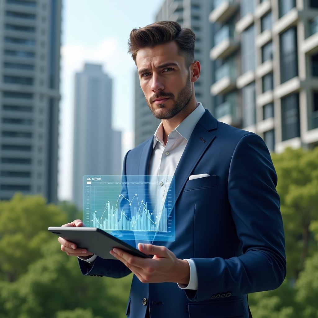 Ultra-realistic condominium manager in a navy blue suit, set in a modern luxury condominium environment with high-rise buildings and lush green landscaping, holding a digital tablet projecting a holographic condominium management dashboard, confident and focused expression, cinematic lighting, shallow depth of field, highly detailed textures, realistic skin, photographic realism, 8k resolution --ar 1:1 --v 6