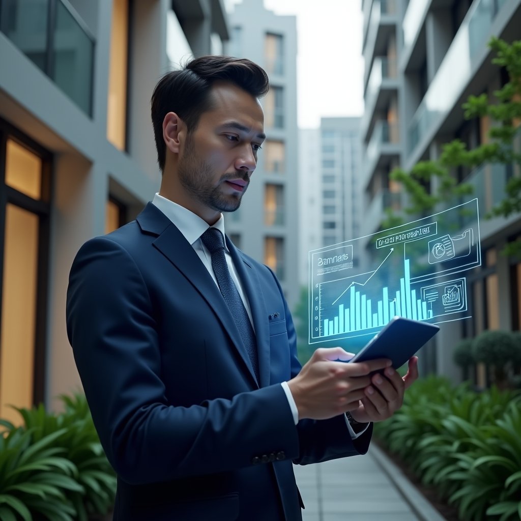 (Ultra-realistic condominium manager in a navy blue suit, set in a modern luxury condominium environment with high-rise buildings and lush green landscaping, medium shot of a focused professional analyzing holographic financial charts projected from a tablet, floating document icons and bar graphs symbolizing clear reports, confident expression, cinematic lighting, shallow depth of field, highly detailed textures, realistic skin, photographic realism, 8k resolution --ar 1:1 --v 6)