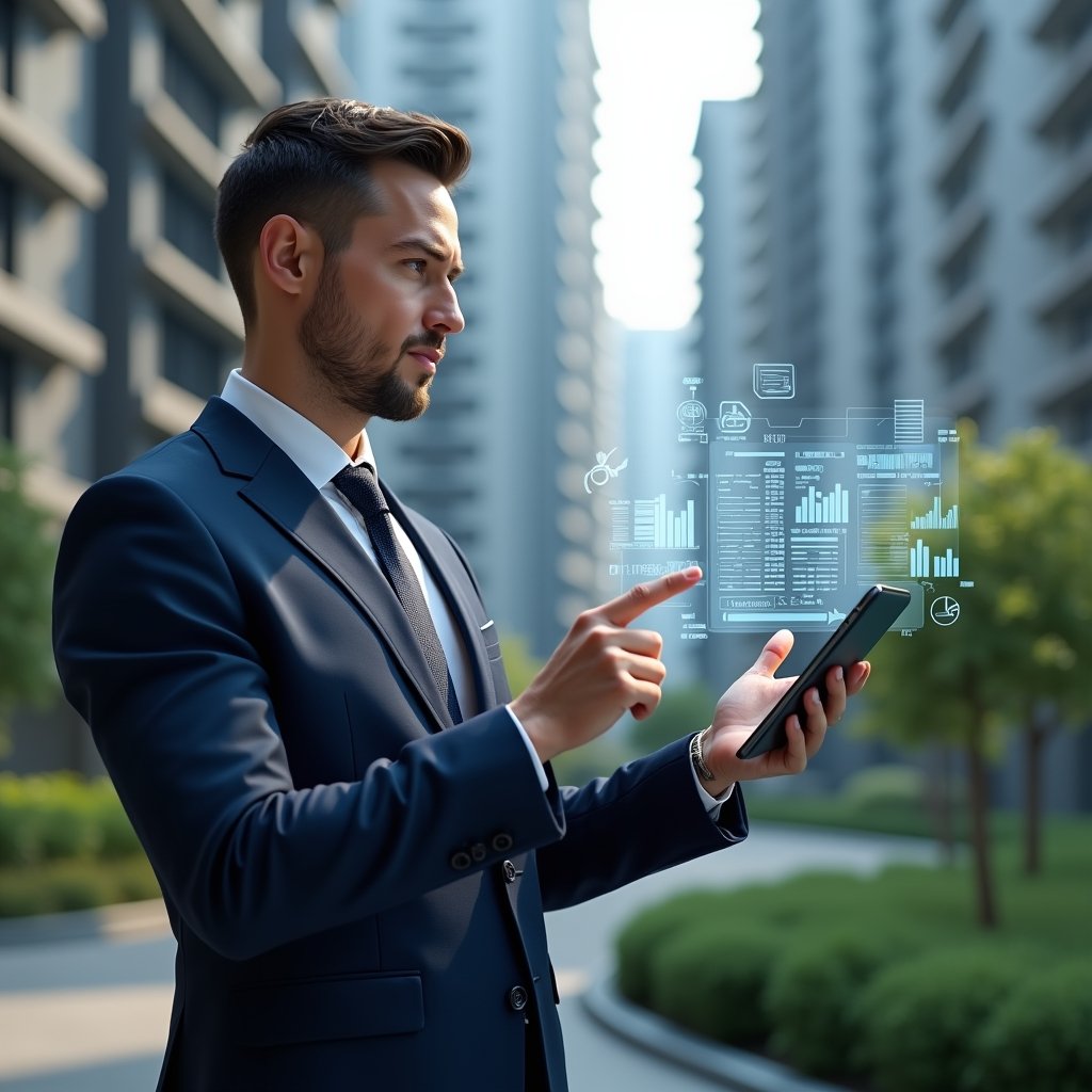 (Ultra-realistic condo manager in a tailored dark blue suit, set in a modern luxury condominium environment with high-rise buildings and meticulously landscaped greenery, holding a tablet and pointing at holographic financial charts and document icons floating before them, confident and focused expression, cinematic lighting, shallow depth of field, highly detailed textures, realistic skin, photographic realism, 8k resolution --ar 1:1 --v 6)