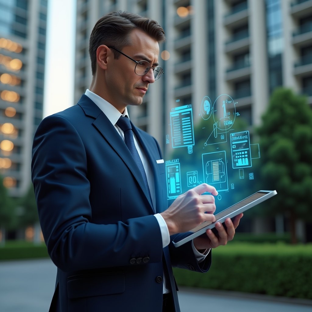 (Ultra-realistic condominium manager in a dark blue tailored suit, set in a modern luxury condominium environment with high-rise buildings and manicured greenery, checking a holographic financial checklist projected from a tablet, confident and focused expression, floating icons of documents and deadline clocks symbolizing transparent accounting, cinematic lighting, shallow depth of field, highly detailed textures, realistic skin, photographic realism, 8k resolution --ar 1:1 --v 6)