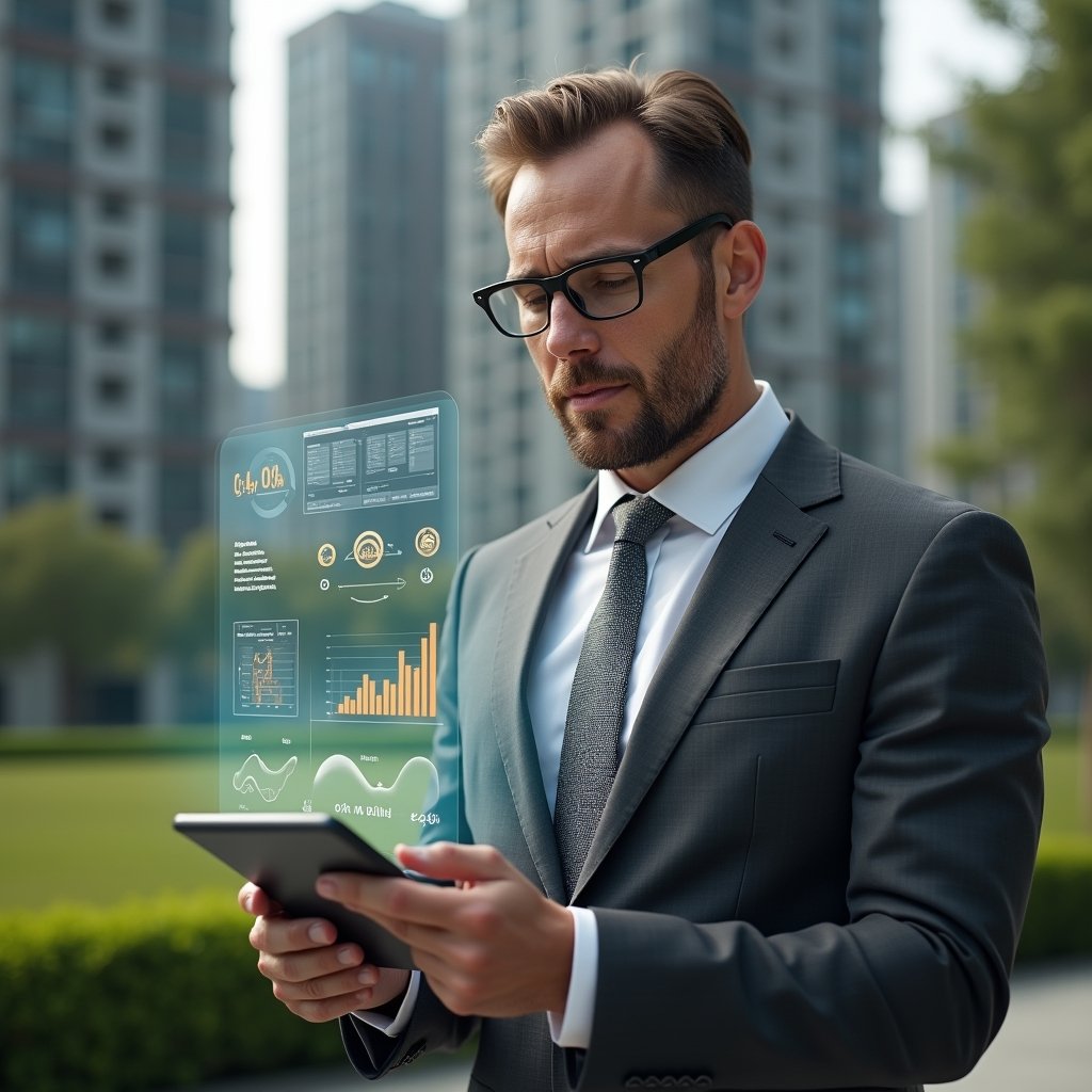 (Ultra-realistic condominium manager in a charcoal gray suit, set in a modern luxury condominium environment with high-rise buildings and manicured green landscaping, holding a tablet and analyzing transparent holographic financial charts displaying clear expense reports, confident and thoughtful expression, floating golden icons of graphs and ledgers around them, cinematic lighting, shallow depth of field, highly detailed textures, realistic skin, photographic realism, 8k resolution --ar 1:1 --v 6)