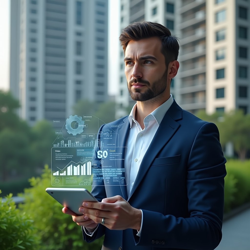 (Ultra-realistic condominium manager in a navy blue executive suit, set in a modern luxury condominium environment with high-rise buildings and lush green landscaping, mid-shot of a confident professional holding a digital tablet and interacting with a holographic task automation interface displaying charts, gears icons and cost-reduction graphs, cinematic lighting, shallow depth of field, highly detailed textures, realistic skin, photographic realism, 8k resolution --ar 1:1 --v 6)