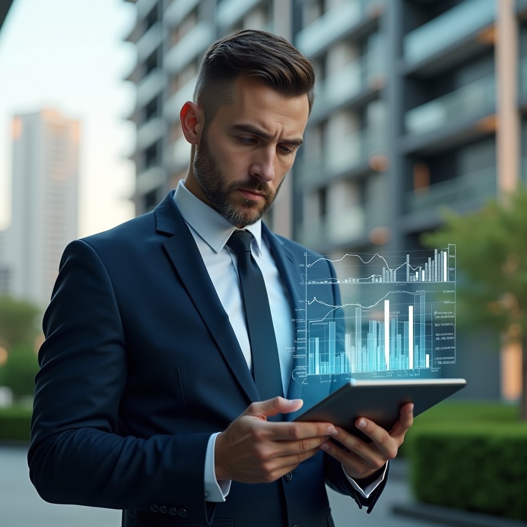 Ultra-realistic condominium manager in a navy suit, set in a modern luxury condominium environment with high-rise buildings and manicured green landscaping, analyzing transparent holographic financial charts and bar graphs projected above a sleek tablet, confident and focused expression, cinematic lighting, shallow depth of field, highly detailed textures, realistic skin, photographic realism, 8k resolution --ar 1:1 --v 6
