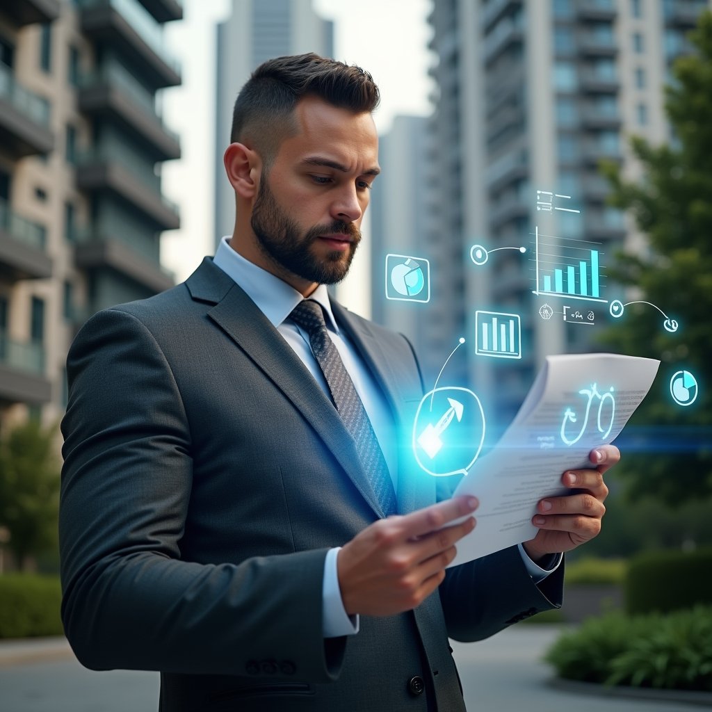 Ultra-realistic condominium manager in a tailored dark gray executive suit, set in a modern luxury condominium environment with high-rise buildings and manicured greenery, reviewing holographic documents and charts projected in front of them with a confident, focused expression, floating icons of team collaboration, supplier checklists and financial graphs around, cinematic lighting, shallow depth of field, highly detailed textures, realistic skin, photographic realism, 8k resolution --ar 1:1 --v 6