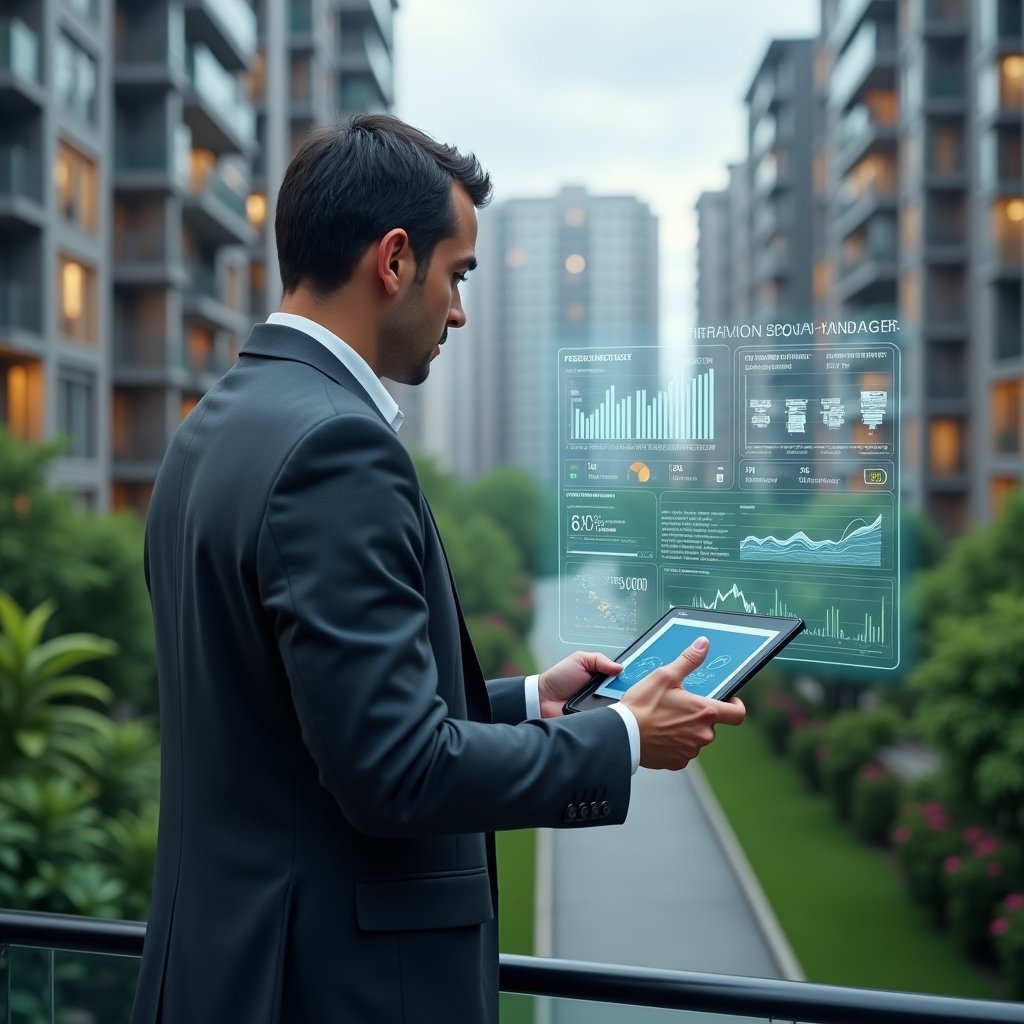 Ultra-realistic condominium manager in a tailored dark gray suit, set in a modern luxury condominium environment with high-rise buildings and lush green landscaping, mid-shot reviewing holographic financial report charts projected before them, holding a digital tablet displaying detailed graphs, confident and focused expression, cinematic lighting, shallow depth of field, highly detailed textures, realistic skin, photographic realism, 8k resolution --ar 1:1 --v 6