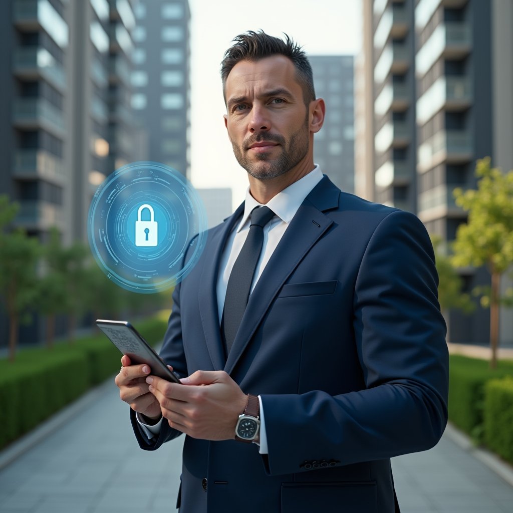 Ultra-realistic condominium manager in a dark blue tailored suit, set in a modern luxury condominium environment with high-rise buildings and manicured green landscaping, holding a smartphone displaying a holographic security interface, a floating holographic padlock icon beside the device, confident expression, cinematic lighting, shallow depth of field, highly detailed textures, realistic skin, photographic realism, 8k resolution --ar 1:1 --v 6