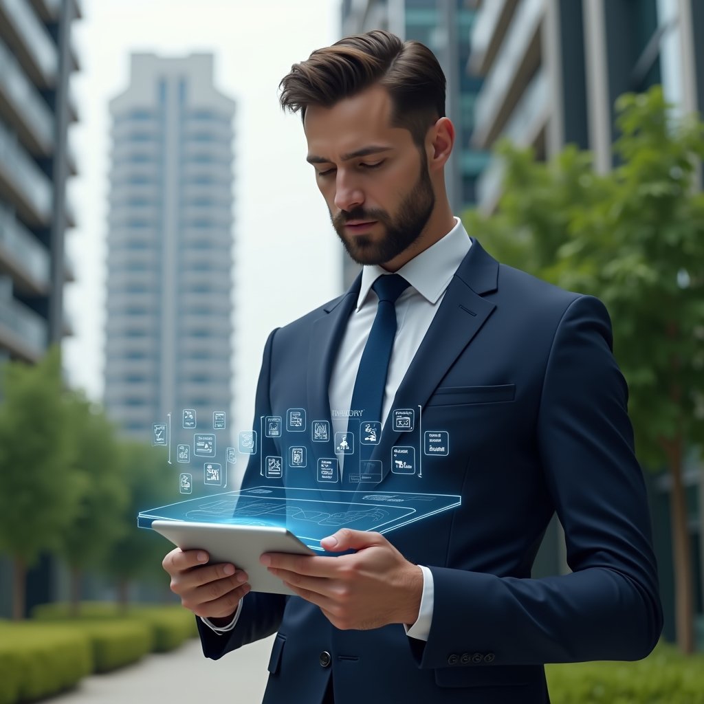 (Ultra-realistic condominium manager in a navy suit, set in a modern luxury condominium environment with high-rise buildings and manicured green landscaping, holding a holographic schedule with floating calendar icons and checklists, confidently analyzing a digital planning interface, cinematic lighting, shallow depth of field, highly detailed textures, realistic skin, photographic realism, 8k resolution --ar 1:1 --v 6)