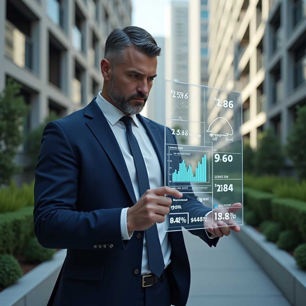 (Ultra-realistic property manager in a tailored navy suit, set in a modern luxury condominium environment with high-rise buildings and manicured green landscaping, examining a floating holographic dashboard displaying financial graphs, maintenance alerts, and communication icons, confident and focused expression, cinematic lighting, shallow depth of field, highly detailed textures, realistic skin, photographic realism, 8k resolution --ar 1:1 --v 6)