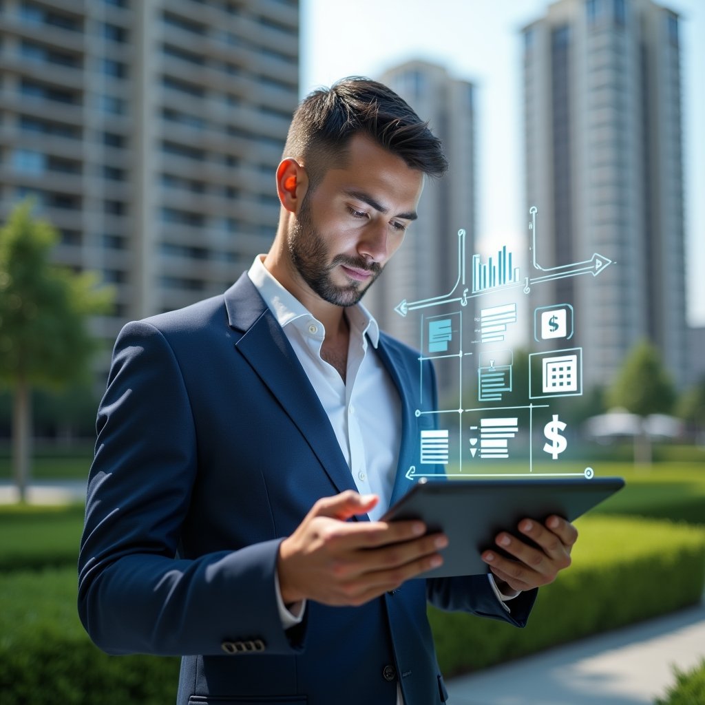 Ultra-realistic condominium manager in a navy executive suit, set in a modern luxury condominium environment with high-rise buildings and manicured green landscaping, interacting with floating holographic financial charts and digital document icons, confidently analyzing transparent balance sheets on a tablet, cinematic lighting, shallow depth of field, highly detailed textures, realistic skin, photographic realism, 8k resolution --ar 1:1 --v 6