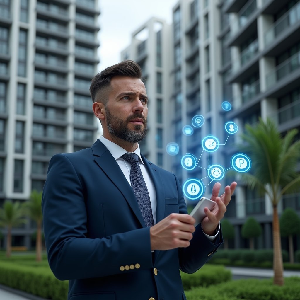 Ultra-realistic condominium manager in a dark blue suit, set in a modern luxury condominium environment with high-rise buildings and meticulously landscaped green areas, analyzing floating holographic warning icons that represent common app errors, expression both concerned and confident, cinematic lighting, shallow depth of field, highly detailed textures, realistic skin, photographic realism, 8k resolution --ar 1:1 --v 6