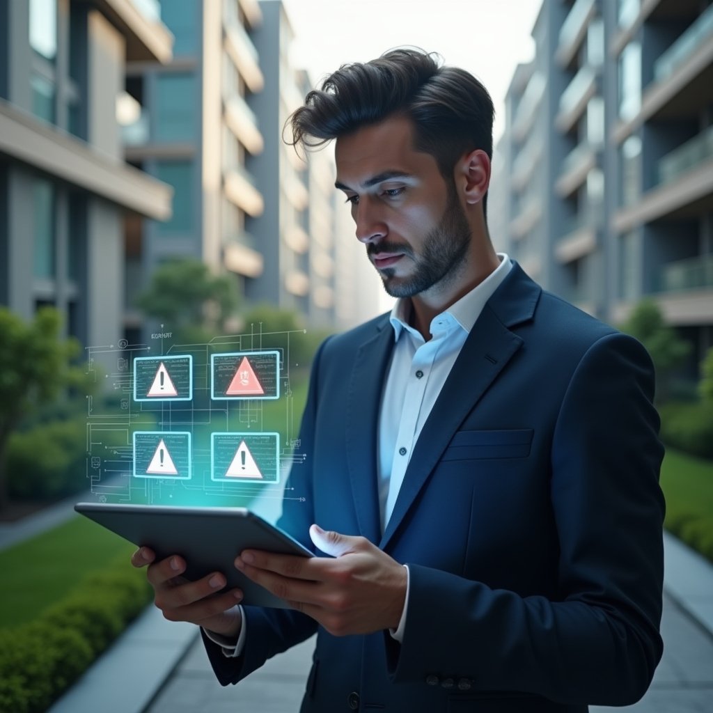 (Ultra-realistic property manager in a dark blue suit, set in a modern luxury condominium environment with high-rise buildings and lush green landscaping, holding a digital tablet displaying holographic warning icons representing management errors, analyzing the data with a focused and confident expression, cinematic lighting, shallow depth of field, highly detailed textures, realistic skin, photographic realism, 8k resolution --ar 1:1 --v 6)