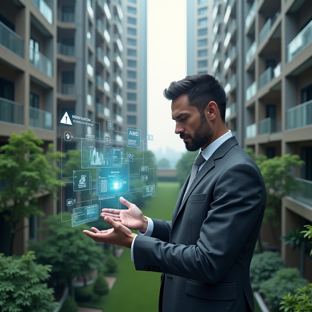 (Ultra-realistic condominium manager in a tailored gray suit, set in a modern luxury condominium environment with high-rise buildings and meticulously landscaped greenery, examining a holographic interface displaying warning icons and app error alerts, holographic indicators of efficiency metrics and caution symbols floating around, thoughtful and focused expression, cinematic lighting, shallow depth of field, highly detailed textures, realistic skin, photographic realism, 8k resolution --ar 1:1 --v 6)