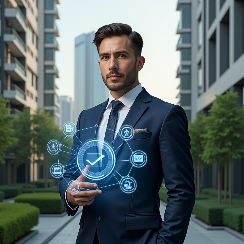(Ultra-realistic condominium manager in a navy executive suit, set in a modern luxury condominium environment with high-rise buildings and meticulously landscaped gardens, holding and interacting with a floating holographic interface displaying icons for notifications, financial charts, calendar bookings, maintenance tickets, visitor access and supplier integration, confident and focused expression, cinematic lighting, shallow depth of field, highly detailed textures, realistic skin, photographic realism, 8k resolution --ar 1:1 --v 6)