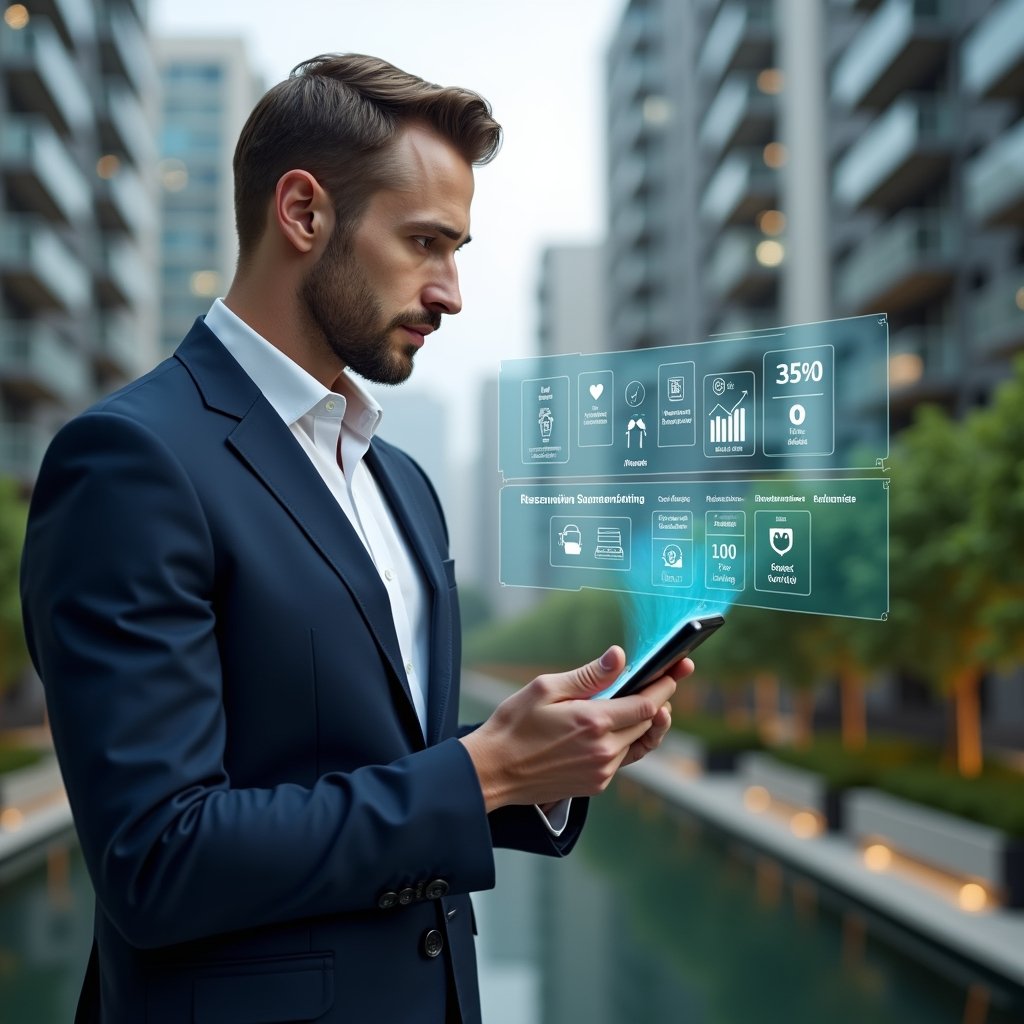 Ultra-realistic property manager in a navy suit, set in a modern luxury condominium environment with high-rise buildings and manicured green landscaping, holding a smartphone projecting a holographic dashboard with icons for finance, communication, reservations, access control, maintenance, documents, and analytics, confidently analyzing data on a floating interface, cinematic lighting, shallow depth of field, highly detailed textures, realistic skin, photographic realism, 8k resolution --ar 1:1 --v 6