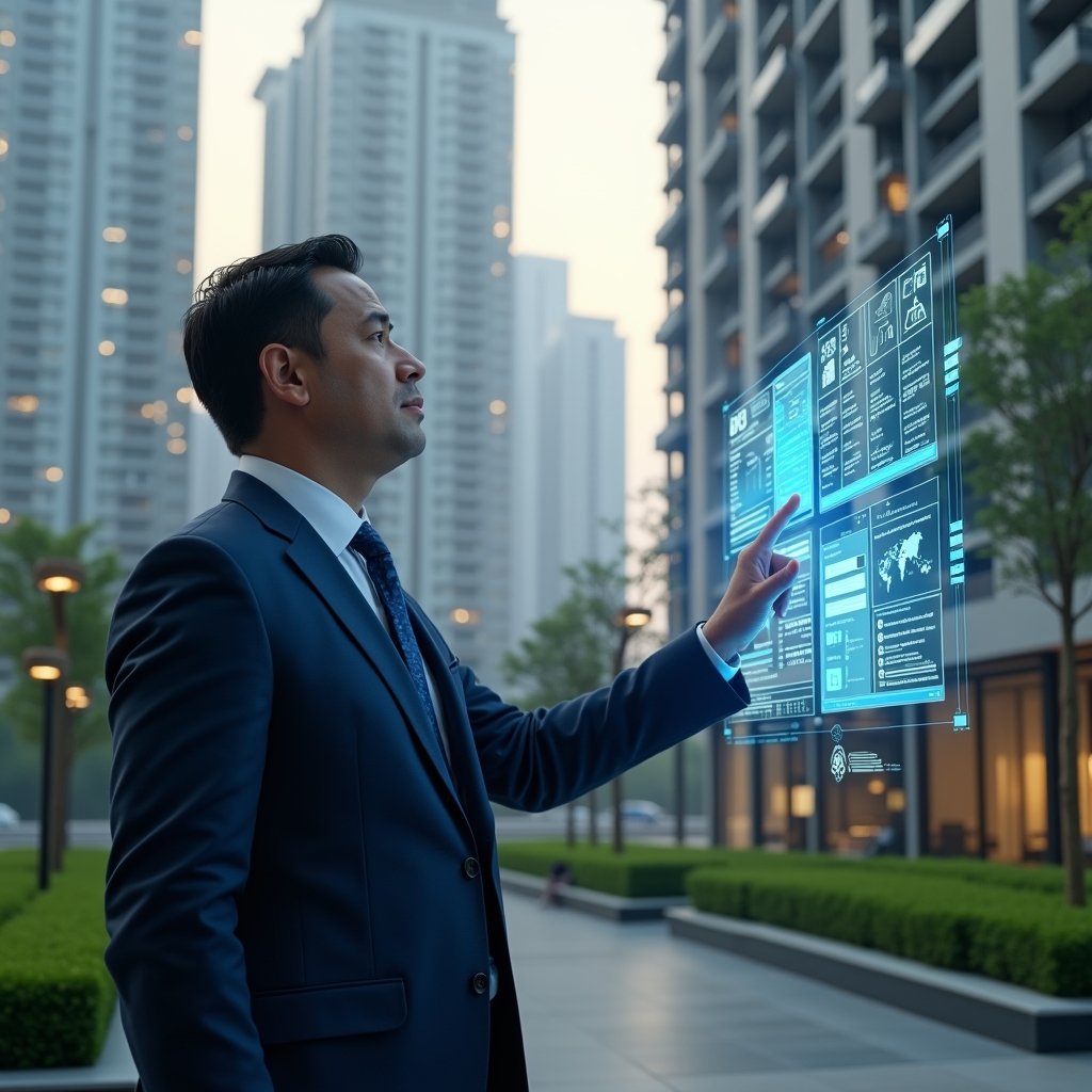 Ultra-realistic condominium manager in a navy blue executive suit, set in a modern luxury condominium environment with high-rise buildings and manicured green landscaping, analyzing a holographic interface displaying warning icons and outdated app screens transforming into a sleek modern dashboard, thoughtful and confident expression, cinematic lighting, shallow depth of field, highly detailed textures, realistic skin, photographic realism, 8k resolution --ar 1:1 --v 6