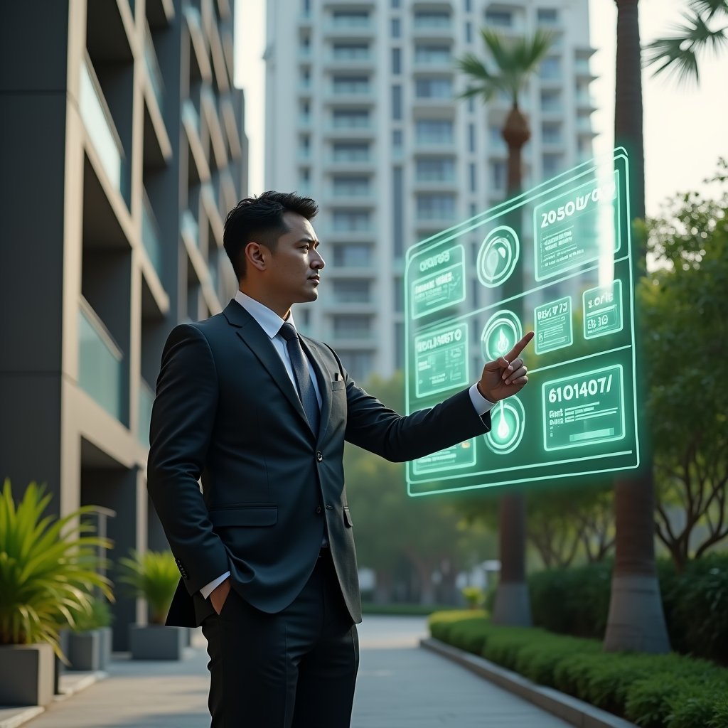 Ultra-realistic condominium manager in a dark charcoal executive suit, set in a modern luxury condominium environment with high-rise buildings and meticulously landscaped greenery, standing in a medium shot while interacting with a floating holographic interface displaying energy meters, water usage charts, and green leaf icons, confident and visionary expression, cinematic lighting, shallow depth of field, highly detailed textures, realistic skin, photographic realism, 8k resolution --ar 1:1 --v 6