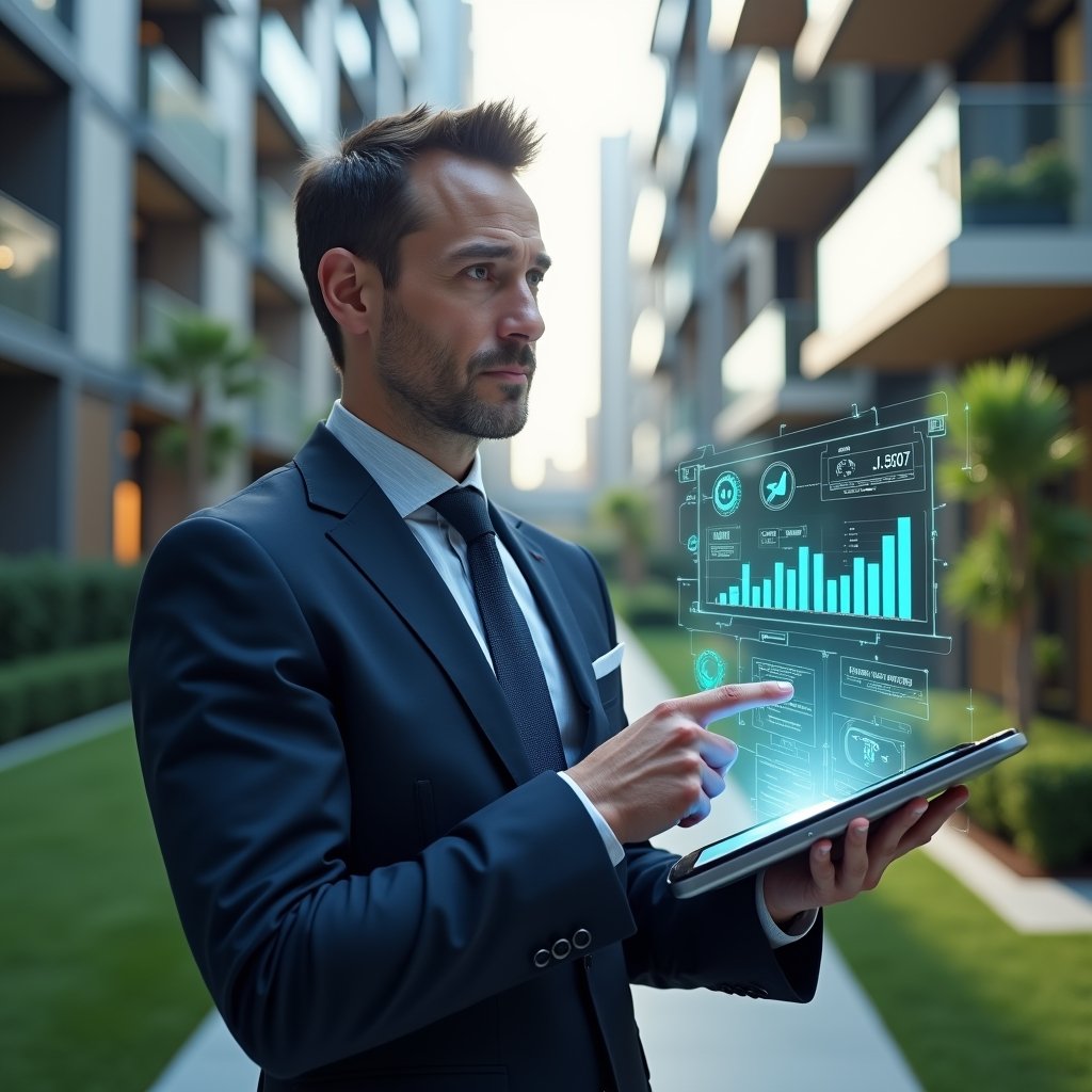 Ultra-realistic condominium manager in a navy suit, set in a modern luxury condominium environment with high-rise buildings and manicured green landscaping, holding a tablet with floating holographic financial charts and communication icons symbolizing transparency, pointing confidently at the hologram with a thoughtful yet assured expression, cinematic lighting, shallow depth of field, highly detailed textures, realistic skin, photographic realism, 8k resolution --ar 1:1 --v 6