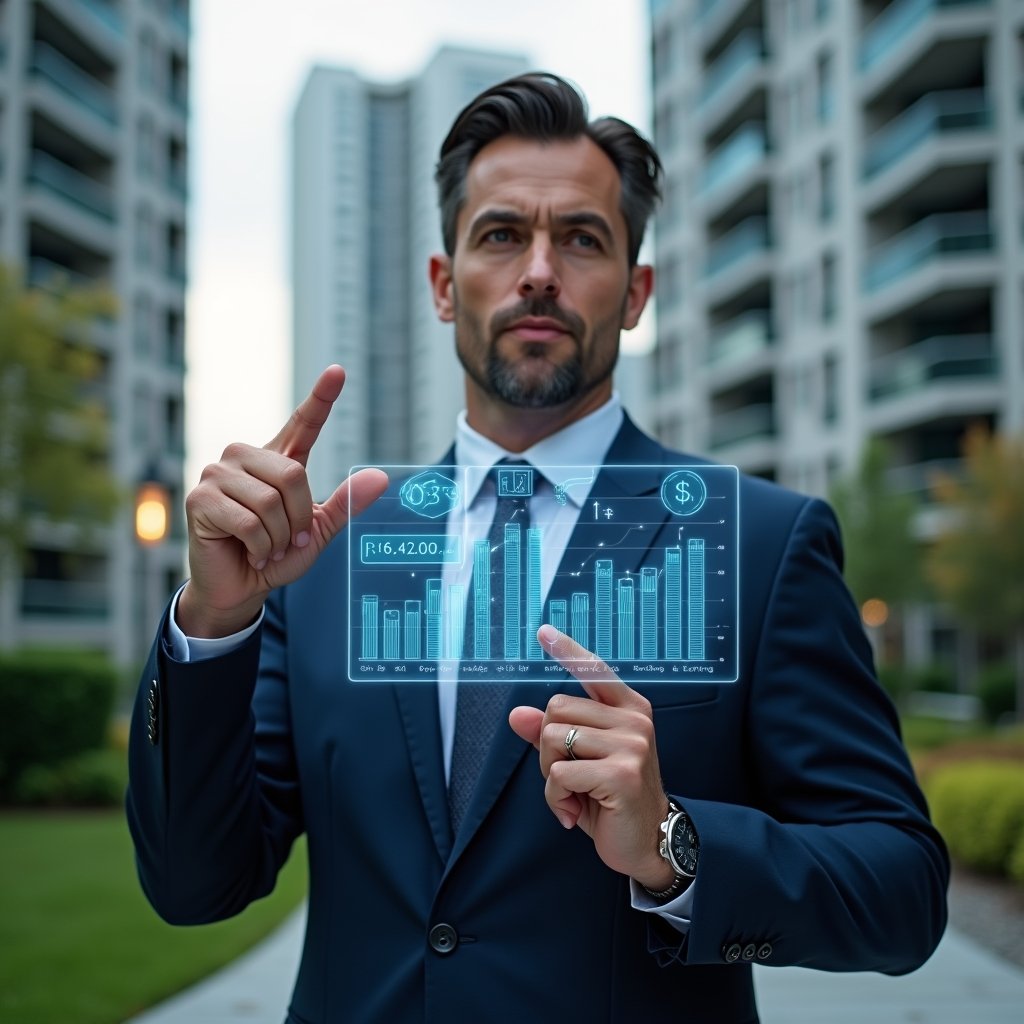 Ultra-realistic condominium manager in a navy suit, set in a modern luxury condominium environment with high-rise buildings and well-maintained green landscaping, holding and pointing at a holographic financial report display with clear charts to symbolize transparency, glowing financial icons around, confident and thoughtful expression, cinematic lighting, shallow depth of field, highly detailed textures, realistic skin, photographic realism, 8k resolution --ar 1:1 --v 6