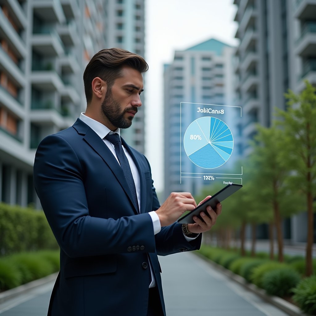 Ultra-realistic condominium manager in a tailored navy suit, set in a modern luxury condominium environment with high-rise buildings and manicured green landscaping, analyzing a holographic pie chart of ideal fraction calculations projected above his tablet, confident and focused expression, cinematic lighting, shallow depth of field, highly detailed textures, realistic skin, photographic realism, 8k resolution --ar 1:1 --v 6