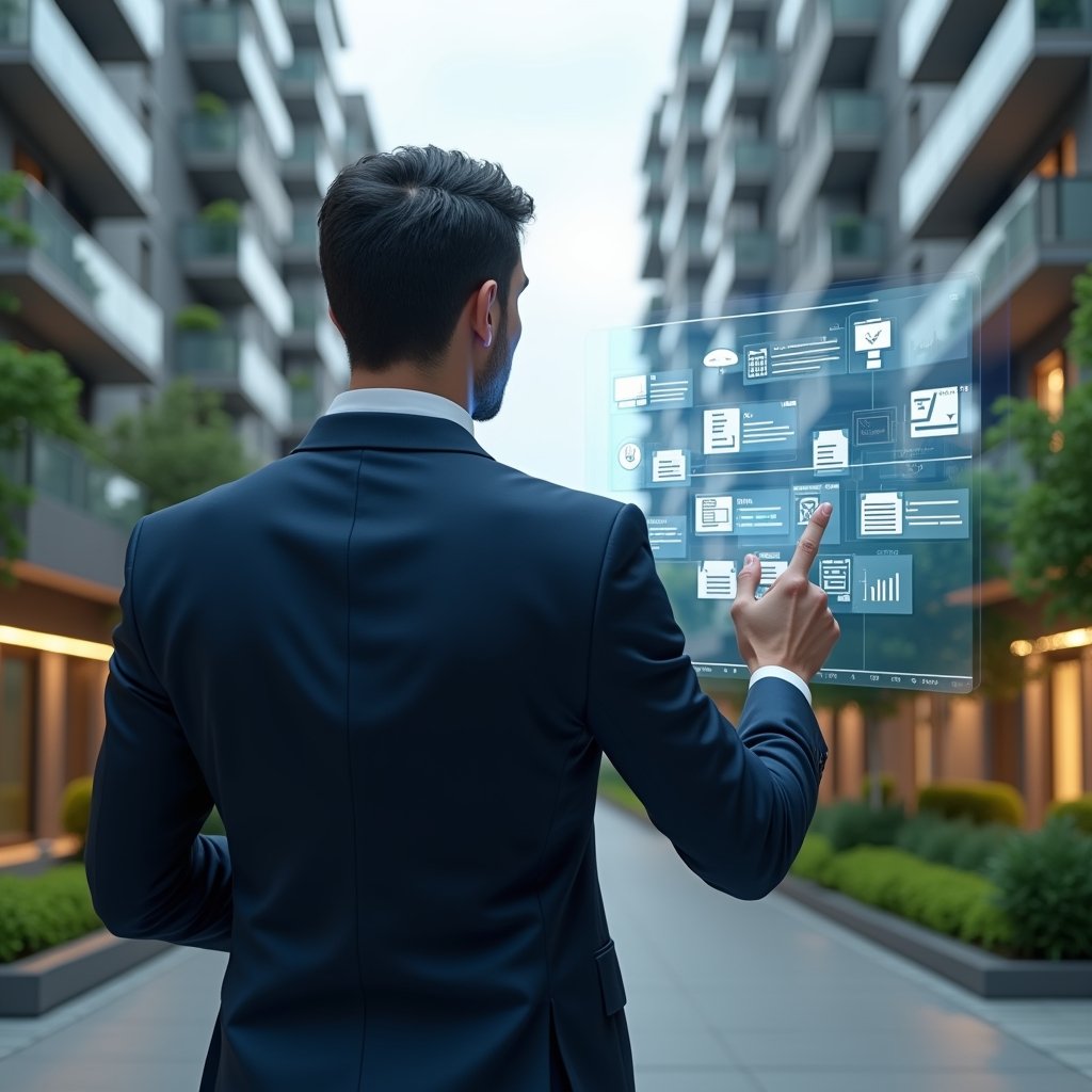 Ultra-realistic property manager in a dark blue executive suit, set in a modern luxury condominium environment with high-rise buildings and manicured green landscaping, confidently interacting with a holographic interface displaying chat bubbles, financial graphs and document folders, cinematic lighting, shallow depth of field, highly detailed textures, realistic skin, photographic realism, 8k resolution --ar 1:1 --v 6