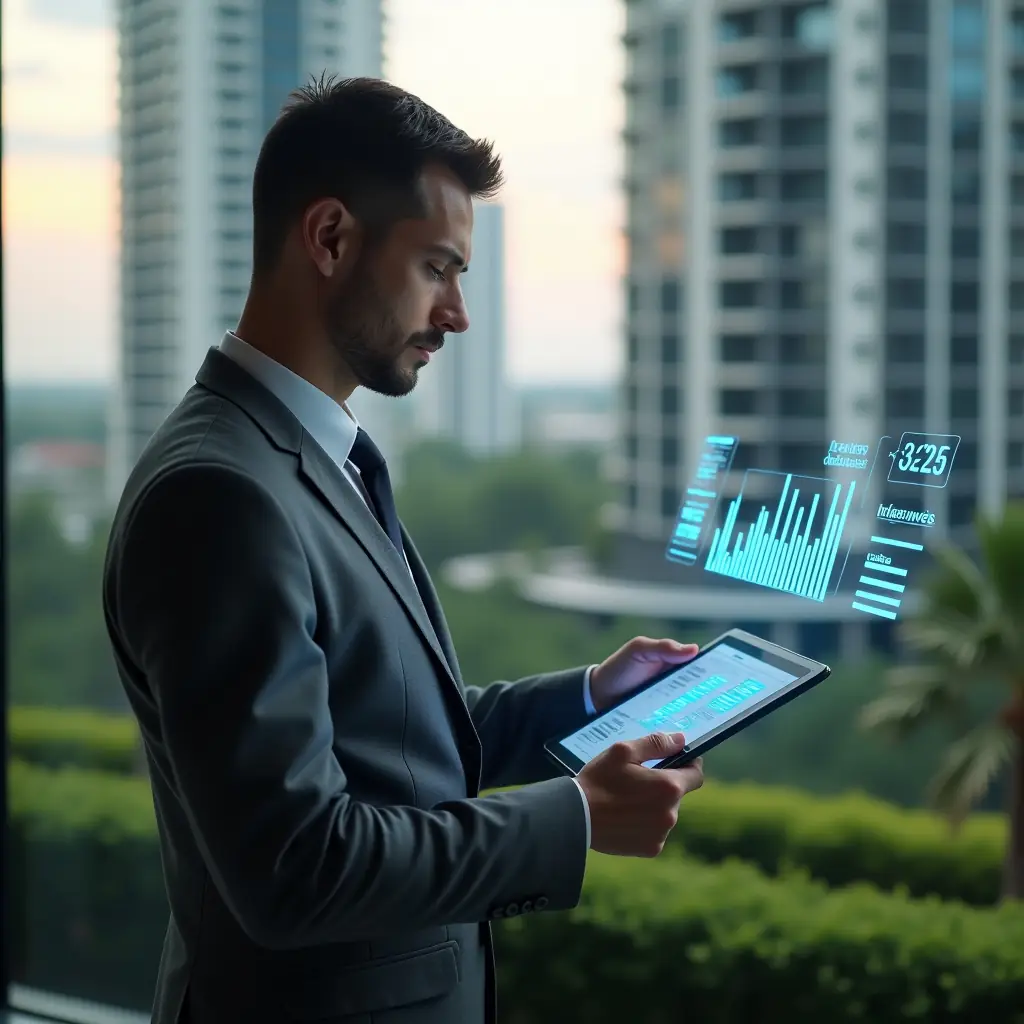 (Ultra-realistic condominium manager in a charcoal gray suit, set in a modern luxury condominium environment with high-rise buildings and lush green landscaping, medium shot, confidently reviewing a holographic condominium management dashboard projected from a tablet, floating icons of financial graphs and checklists beside them, cinematic lighting, shallow depth of field, highly detailed textures, realistic skin, photographic realism, 8k resolution --ar 1:1 --v 6)