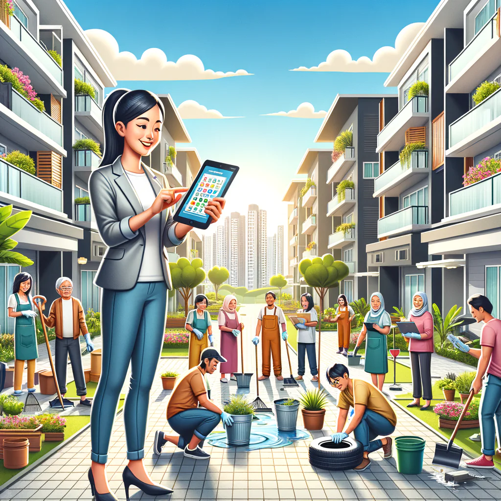 A vibrant, sunny scene of a modern condominium complex. Engaged residents of varying descents and genders, smiling and collaborating on a neighborhood cleanup aimed at eliminating potential Dengue fever breeding grounds. A South Asian female building manager, dressed professionally, uses a tablet showcasing a condominium management app to coordinate activities and send out Dengue-related notifications. The atmosphere conveys orderliness, awareness, and the integration of technology in fostering health and well-being of the inhabitants. Include elements like plant pots being emptied, tires being discarded properly, and gutter inspection tasks, all under a blue sky with natural light. Aim for a realistic and inviting style.