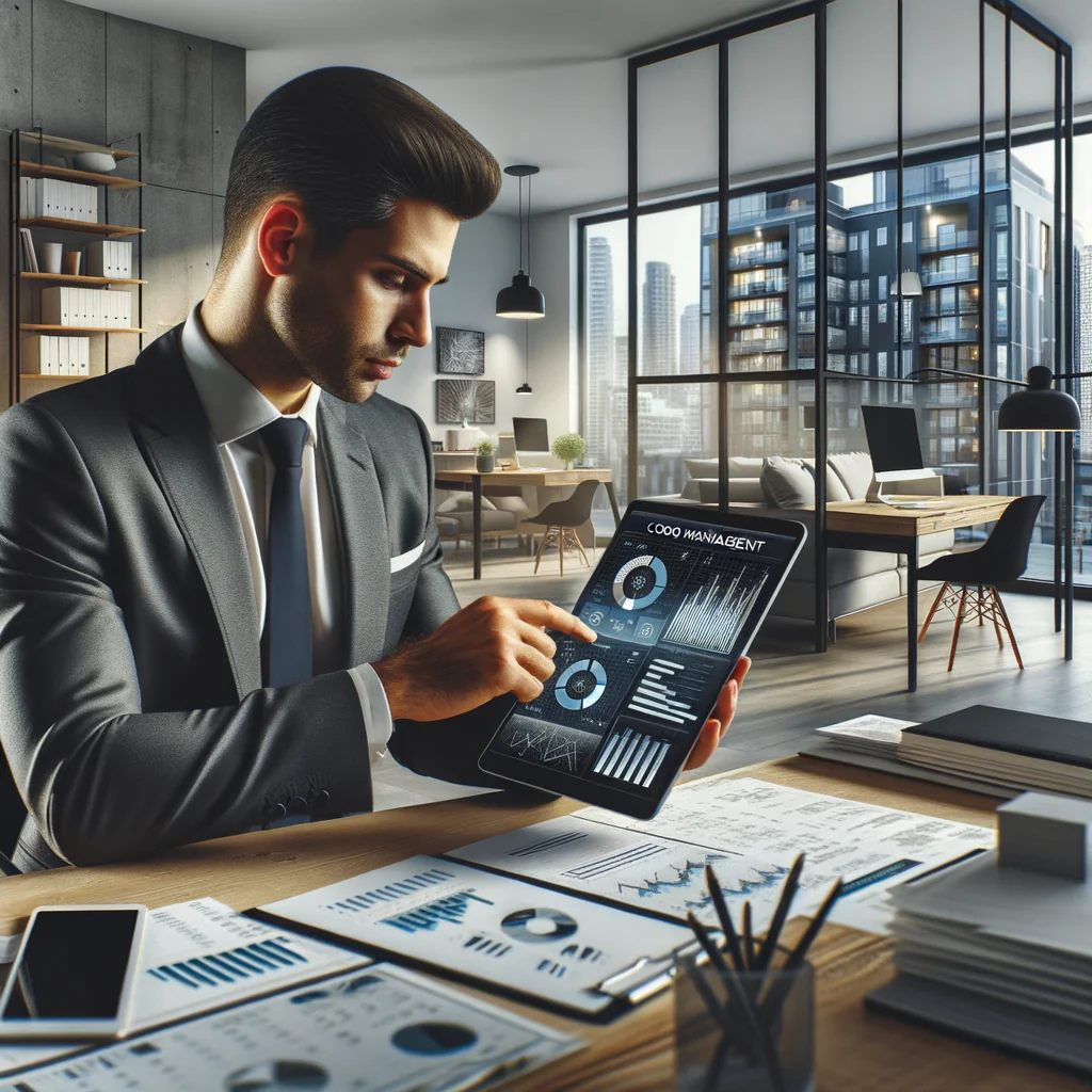 Picture a modern condo in the role of a manager, who is Hispanic, busily interacting with a mobile management application on a sleek tablet. The application showcases a myriad of professional graphs and tables dictating financial control, with the color scheme providing a stark contrast to enhance readability. The manager's workspace in the background emphasizes an aura of organization and efficiency, featuring streamlined office furniture and neatly arranged documents. The overall style is modern, professional, illustrating a rigorous attention to detail. Equipment and technologies are up-to-date, accentuating the scene's modernity.