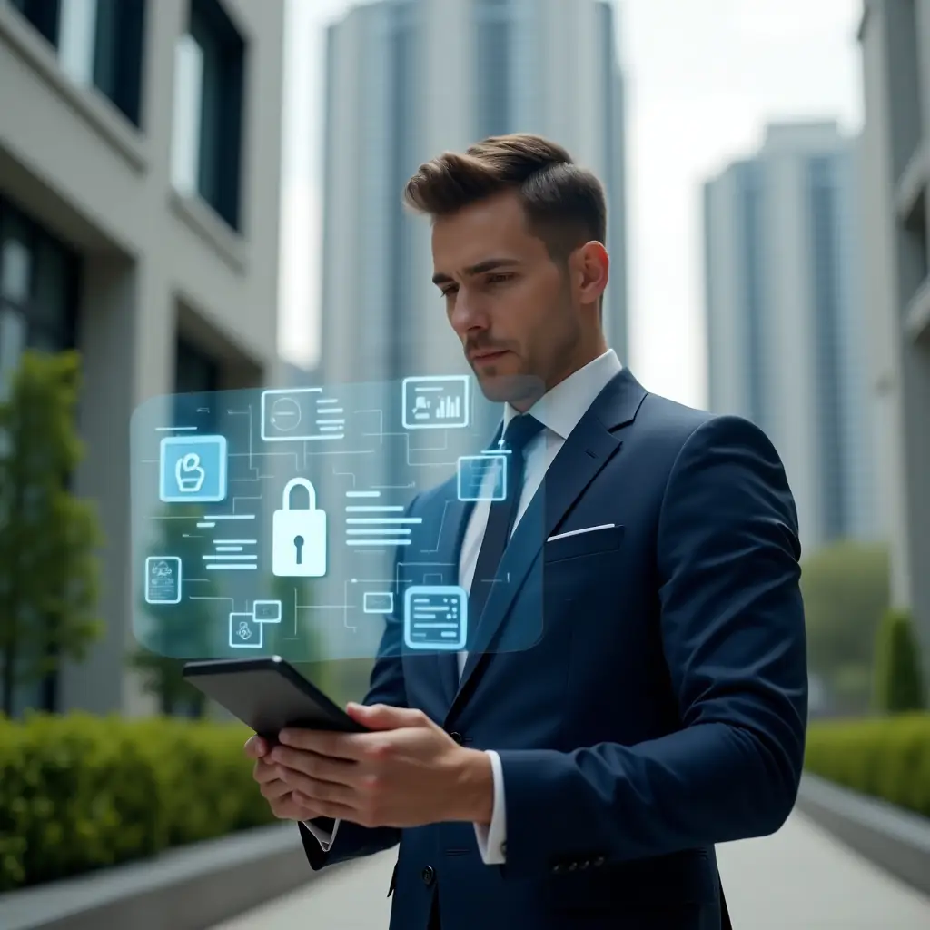 (Ultra-realistic condominium manager in a navy business suit, set in a modern luxury condominium environment with high-rise buildings and green landscaping, holding a tablet displaying an intuitive digital dashboard, holographic icons of calendar, chat bubbles and security lock floating around, confident and focused expression, cinematic lighting, shallow depth of field, highly detailed textures, realistic skin, photographic realism, 8k resolution --ar 1:1 --v 6)