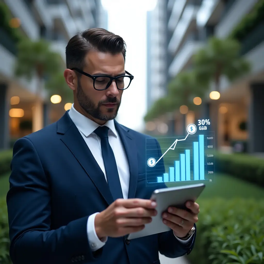 (Ultra-realistic condominium manager in a tailored navy blue suit, set in a modern luxury condominium environment with high-rise buildings and lush green landscaping, mid-shot of the manager confidently reviewing financial charts on a tablet and pointing at a holographic bar graph indicating a 30% cost reduction, floating coin and currency icons symbolizing savings, cinematic lighting, shallow depth of field, highly detailed textures, realistic skin, photographic realism, 8k resolution --ar 1:1 --v 6)