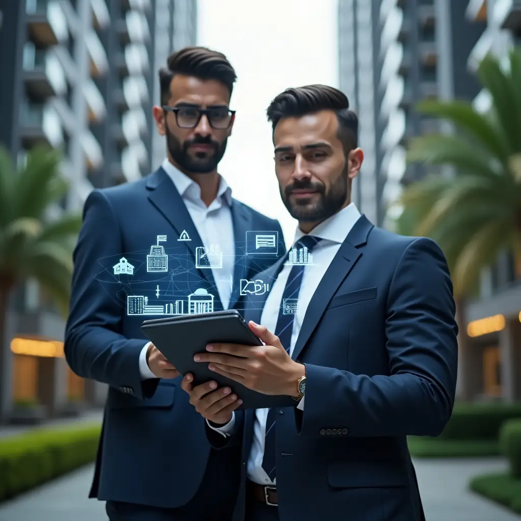 Ultra-realistic property manager in a navy blue suit, set in a modern luxury condominium environment with high-rise buildings and green landscaping, holding a digital tablet and analyzing floating holographic icons of financial charts and reservation schedules, confident expression, cinematic lighting, shallow depth of field, highly detailed textures, realistic skin, photographic realism, 8k resolution --ar 1:1 --v 6