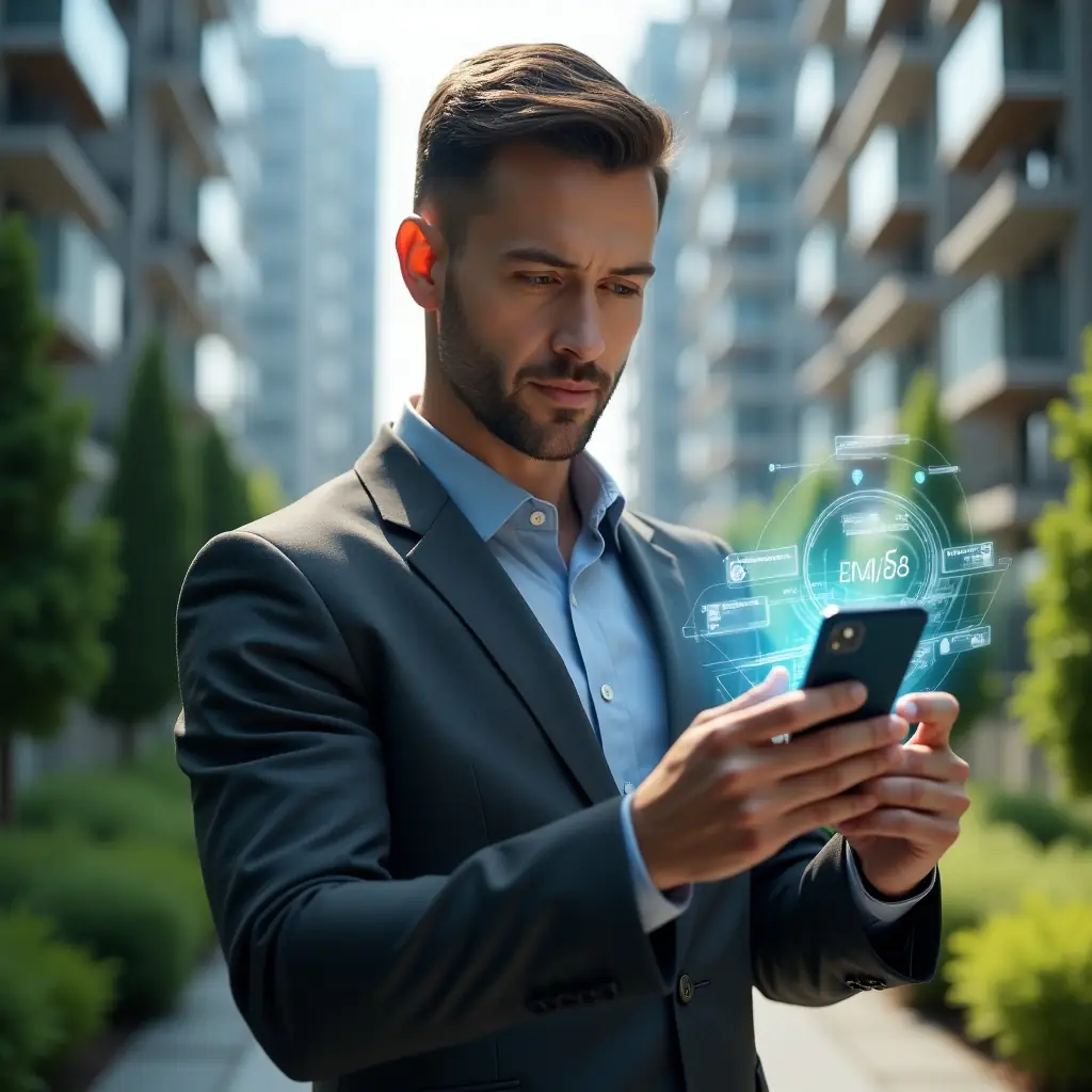 (Ultra-realistic condominium manager in a tailored dark gray suit, set in a modern luxury condominium environment with high-rise buildings and lush green landscaping, holding a smartphone in one hand and touching a floating holographic app interface with notification icons and data charts, confident and focused expression, cinematic lighting, shallow depth of field, highly detailed textures, realistic skin, photographic realism, 8k resolution --ar 1:1 --v 6)