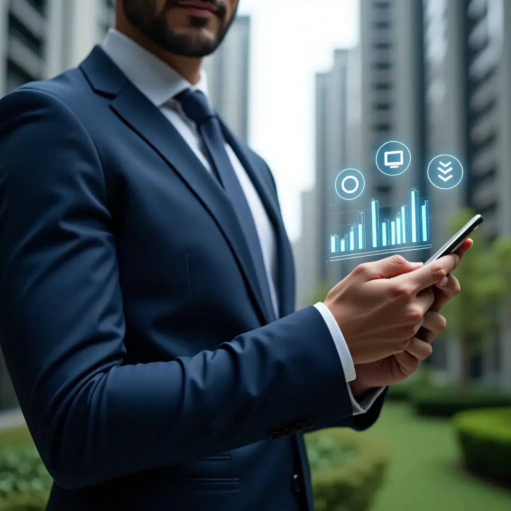 Ultra-realistic condominium manager in a navy blue tailored suit, close-up shot set in a modern luxury condominium environment with high-rise buildings and lush green landscaping, confidently holding a smartphone displaying holographic financial charts with three floating icons symbolizing transparency, communication, and automation, cinematic lighting, shallow depth of field, highly detailed textures, realistic skin, photographic realism, 8k resolution --ar 1:1 --v 6