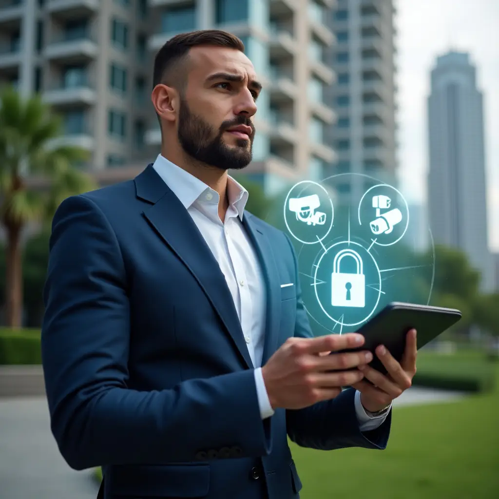(Ultra-realistic property manager in a navy blue suit with a crisp white shirt, set in a modern luxury condominium environment with high-rise buildings and lush green landscaping, medium shot of the manager holding a tablet and interacting with floating holographic access control interface displaying padlock and CCTV icons, confident and focused expression, cinematic lighting, shallow depth of field, highly detailed textures, realistic skin, photographic realism, 8k resolution --ar 1:1 --v 6)