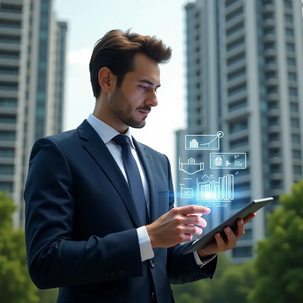 (Ultra-realistic condominium manager in a tailored navy suit, set in a modern luxury condominium environment with high-rise buildings and lush green landscaping, confidently analyzing floating holographic cost-reduction charts and negotiation icons on a digital tablet, handshake hologram symbolizing agreement, cinematic lighting, shallow depth of field, highly detailed textures, realistic skin, photographic realism, 8k resolution --ar 1:1 --v 6)