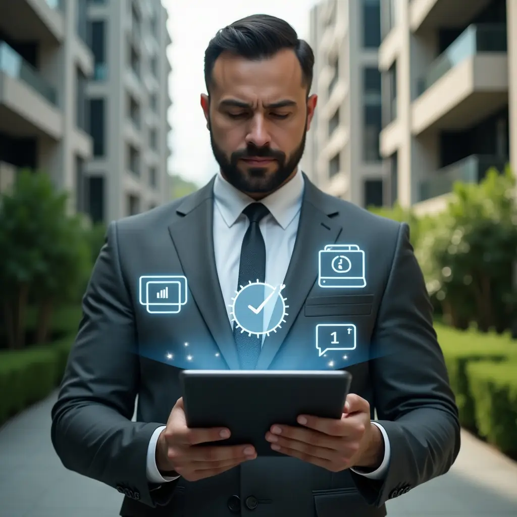Ultra-realistic condominium manager in a charcoal gray suit, set in a modern luxury condominium environment with high-rise buildings and lush green landscaping, medium shot focusing confidently on a tablet displaying an online assembly interface, floating holographic voting and chat icons around the device, serious yet approachable expression, cinematic lighting, shallow depth of field, highly detailed textures, realistic skin, photographic realism, 8k resolution --ar 1:1 --v 6