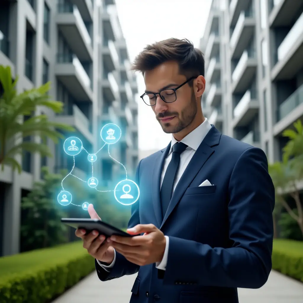 Ultra-realistic condominium manager in a tailored navy suit, set in a modern luxury condominium environment with high-rise buildings and manicured green landscaping, mid-shot of a confident manager tapping on a tablet that projects floating holographic chat bubbles and engagement icons symbolizing resident communication, cinematic lighting, shallow depth of field, highly detailed textures, realistic skin, photographic realism, 8k resolution --ar 1:1 --v 6