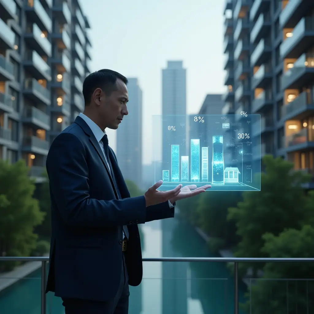 (Ultra-realistic condominium manager in a sleek navy suit, mid shot, set in a modern luxury condominium environment with high-rise buildings and green landscaping, analyzing a holographic display of percentage-based property fractions, with floating holographic percentage symbols and bar graphs, cinematic lighting, shallow depth of field, highly detailed textures, realistic skin, photographic realism, 8k resolution --ar 1:1 --v 6)