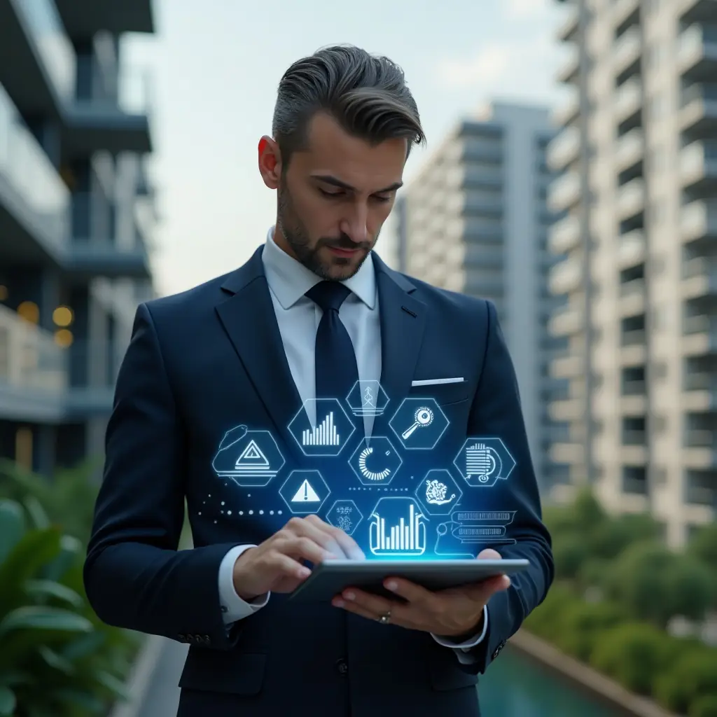 Ultra-realistic condominium manager in a tailored navy suit, set in a modern luxury condominium environment with high-rise buildings and lush green landscaping, holding a digital tablet displaying holographic maintenance icons and performance graphs, confidently reviewing preventive maintenance schedules, cinematic lighting, shallow depth of field, highly detailed textures, realistic skin, photographic realism, 8k resolution --ar 1:1 --v 6