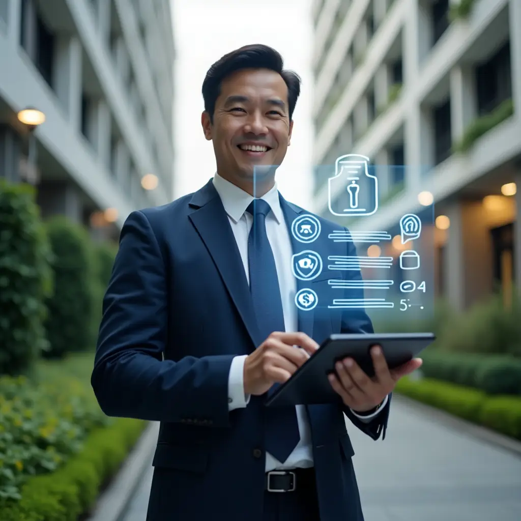Ultra-realistic condominium manager in a tailored navy suit, set in a modern luxury condominium environment with high-rise buildings and lush green landscaping, medium shot of a confident professional holding a digital tablet displaying a holographic “10 commandments” checklist for harmonious living, floating icons of a handshake, clock, speech bubble and security shield around them, cinematic lighting, shallow depth of field, highly detailed textures, realistic skin, photographic realism, 8k resolution --ar 1:1 --v 6