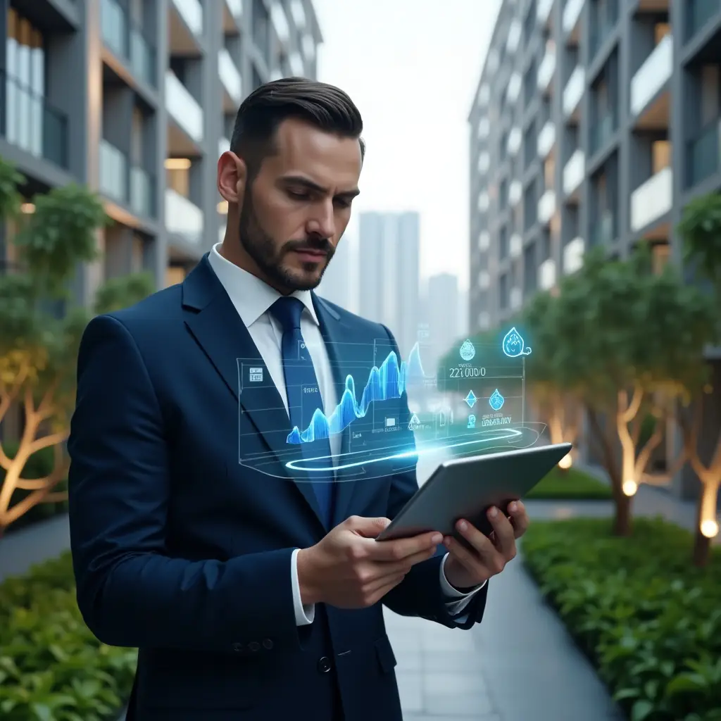 (Ultra-realistic property manager in a tailored navy blue suit, set in a modern luxury condominium environment with high-rise buildings and lush green landscaping, medium shot of a confident professional holding a tablet that projects holographic resource optimization charts and icons of water droplets, energy bolts and security shields, cinematic lighting, shallow depth of field, highly detailed textures, realistic skin, photographic realism, 8k resolution --ar 1:1 --v 6)