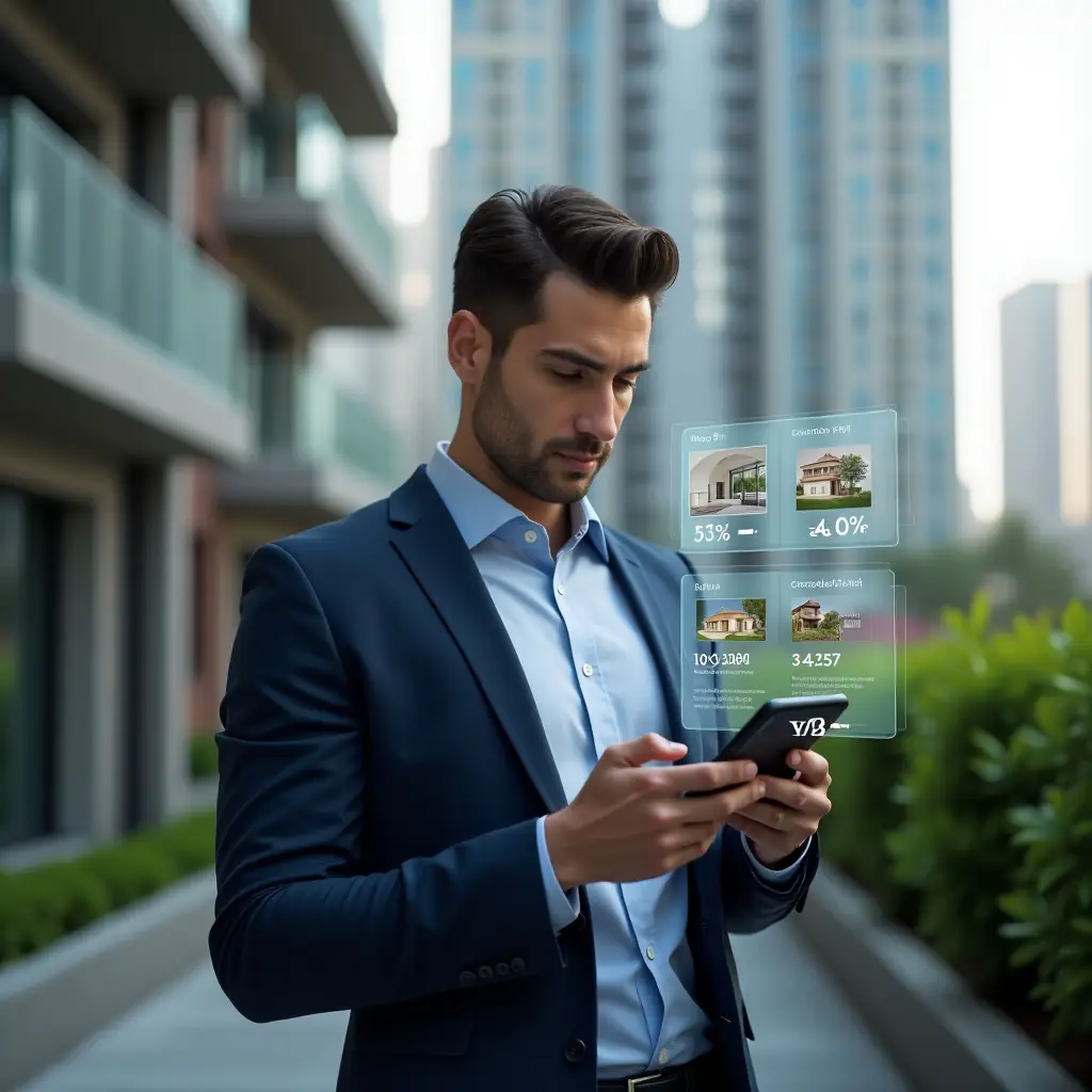 Ultra-realistic condominium manager in a tailored navy suit, set in a modern luxury condominium environment with high-rise buildings and well-kept green landscaping, examining a smartphone displaying side-by-side app interfaces comparing features and prices, with floating holographic charts and icons representing financial metrics and functionality, confident and analytical expression, cinematic lighting, shallow depth of field, highly detailed textures, realistic skin, photographic realism, 8k resolution --ar 1:1 --v 6